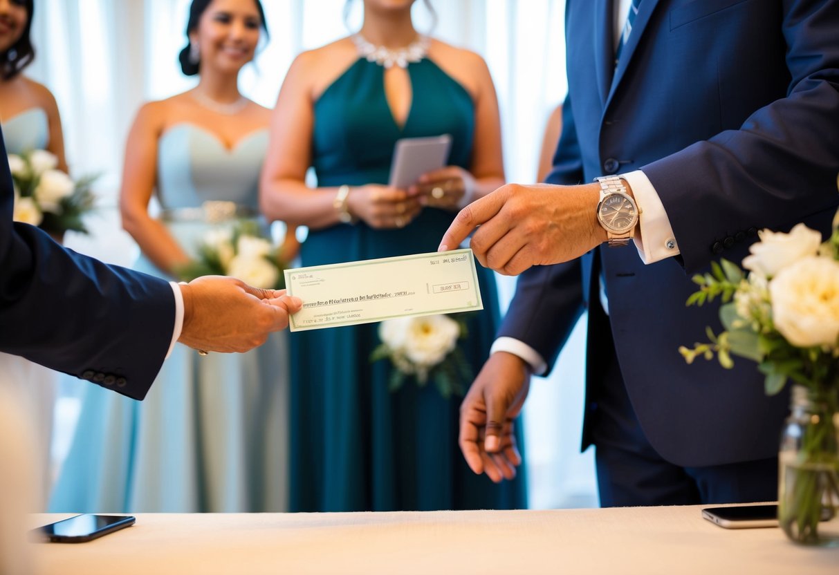 A father handing over a check to a vendor for ceremony and attire costs