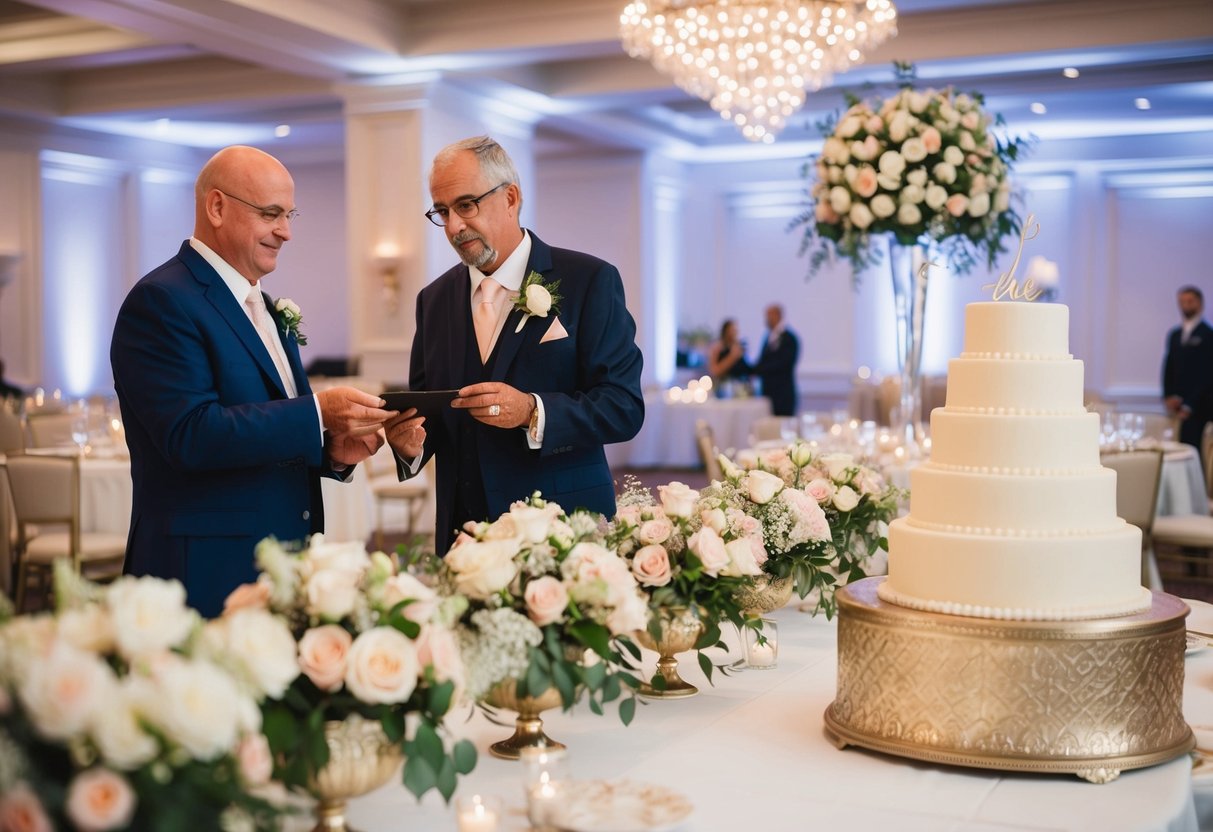 The bride's father pays for reception and celebration expenses. An elegant banquet hall with floral centerpieces and a grand cake display