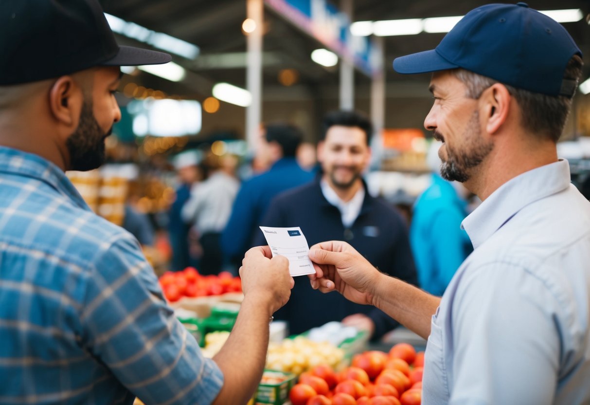 A father handing over a check to a vendor