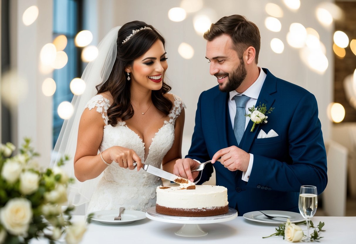 A newlywed couple slicing and enjoying their leftover wedding cake on their first anniversary