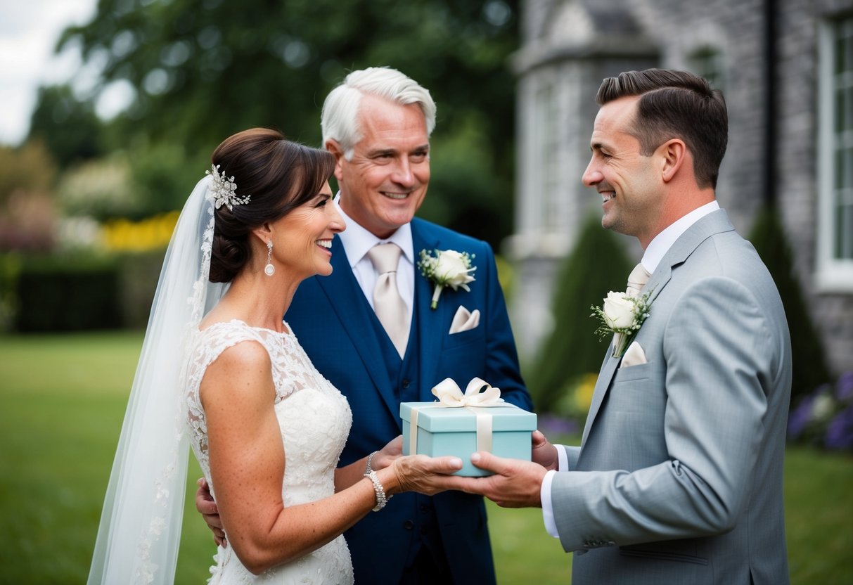 The mother of the groom is responsible for contributing to the wedding expenses, such as the rehearsal dinner, her attire, and a gift for the couple