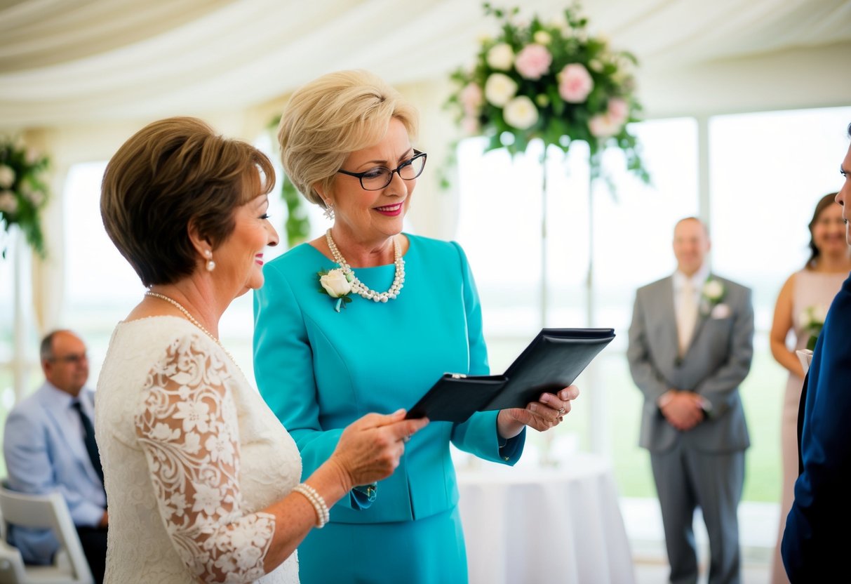 The mother of the groom could be depicted paying for wedding decorations, floral arrangements, or contributing to the cost of the wedding venue