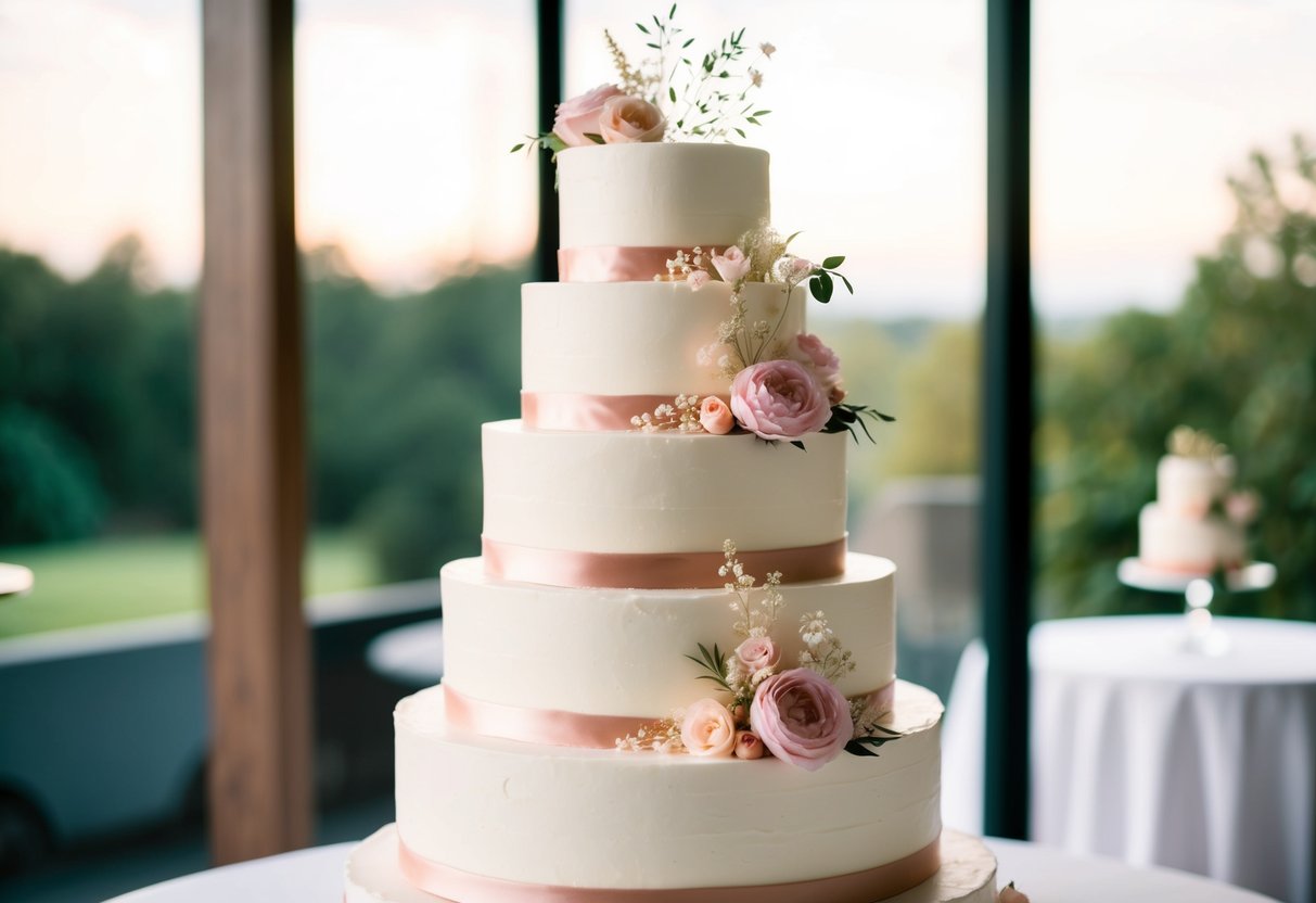 A multi-tiered wedding cake with white frosting and delicate pink and gold floral decorations