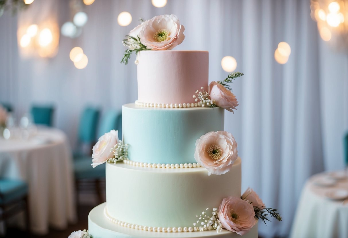 A three-tiered wedding cake in a soft pastel color palette, adorned with delicate floral decorations and shimmering edible pearls