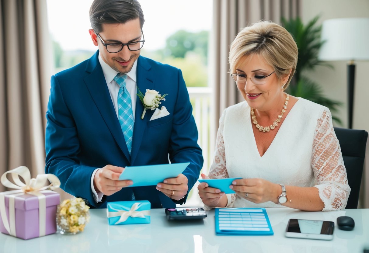 The mother of the groom paying for wedding expenses, including gifts and gestures, while looking at a list of items and making financial calculations