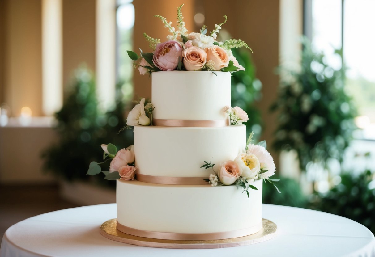 A three-tier wedding cake adorned with seasonal flowers in soft pastel colors