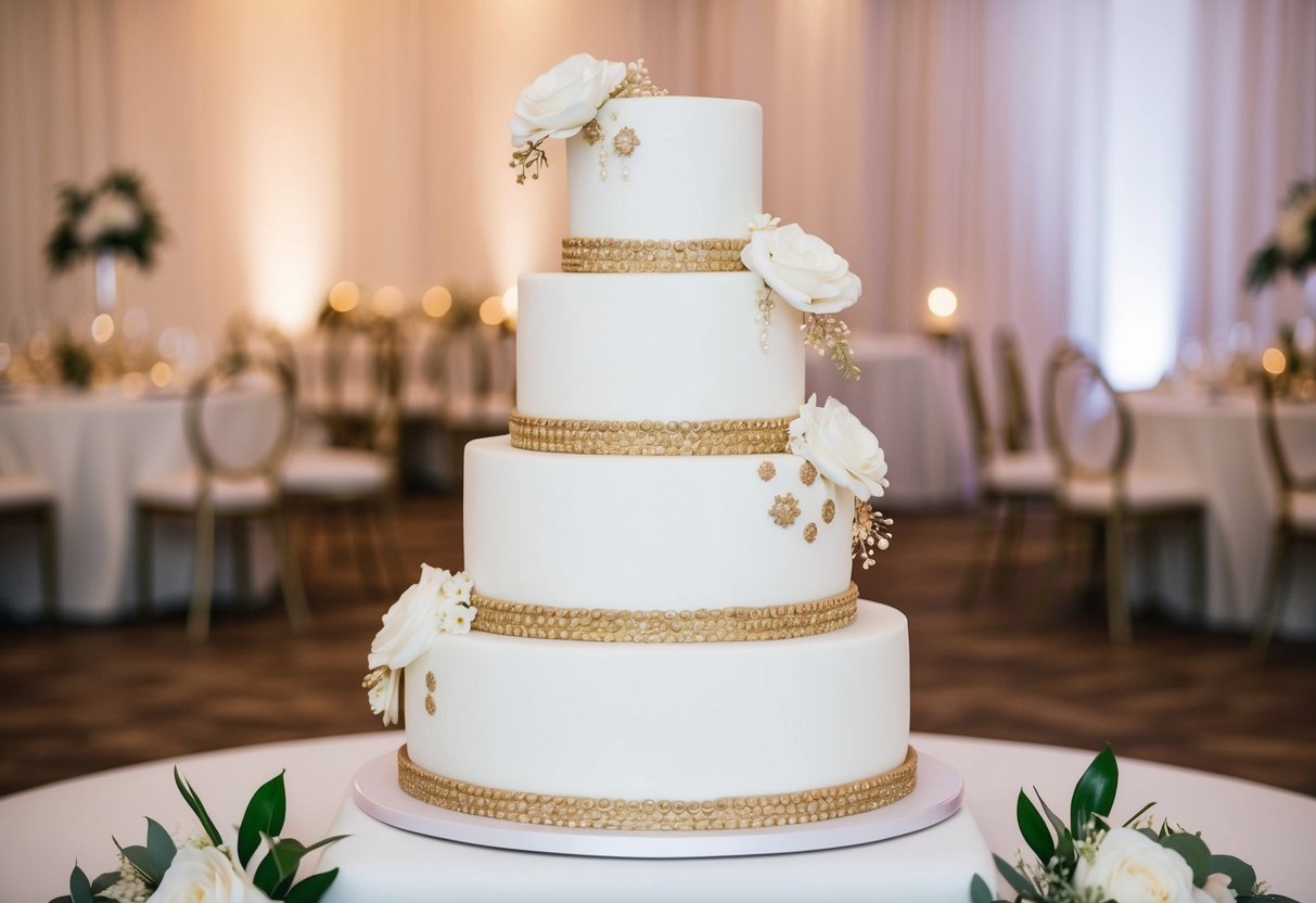 A three-tiered wedding cake adorned with white and gold decorative elements and embellishments