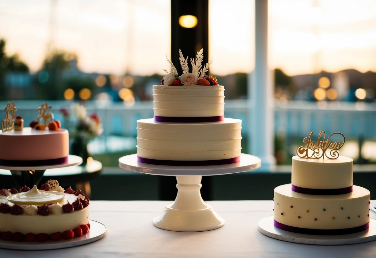 A wedding cake display with various colored frosting and decorations