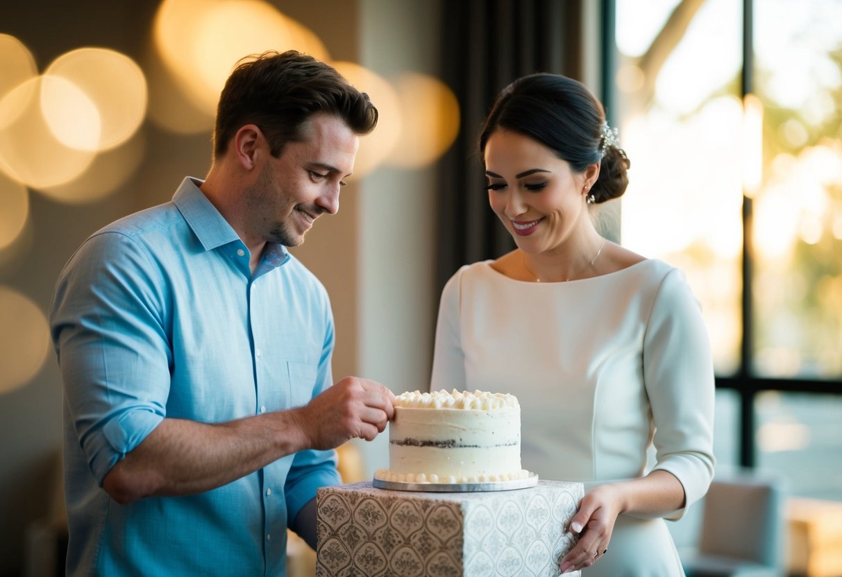 A newlywed couple carefully wraps and stores a portion of their wedding cake in a decorative box
