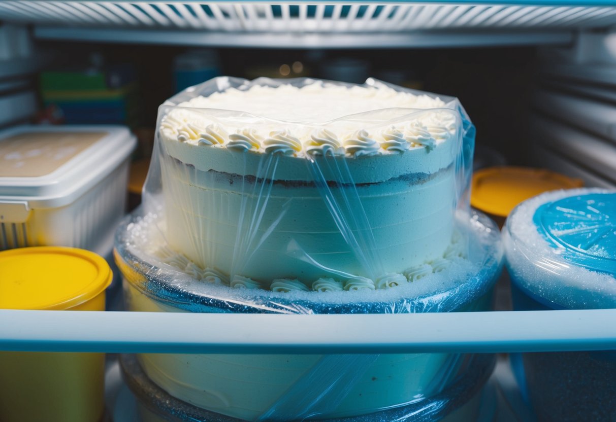 A wedding cake wrapped in plastic and stored in a freezer, surrounded by other frozen items