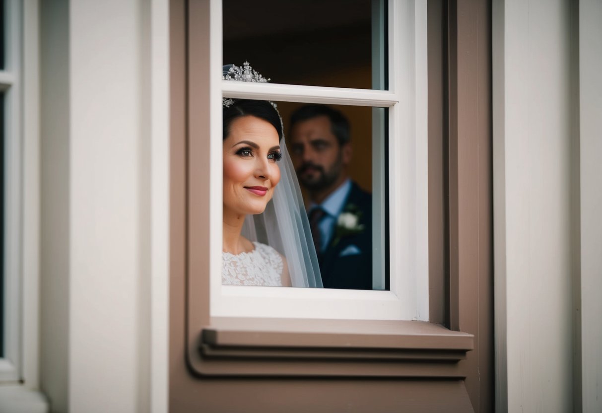 A figure peers through a window at a wedding ceremony from outside, looking in