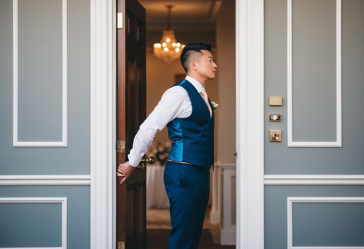 A person standing outside a closed door, hesitant to enter a wedding ceremony without an invitation
