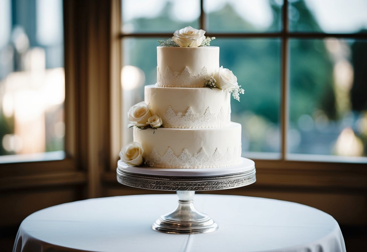 A three-tiered wedding cake adorned with delicate white roses and intricate lace details, sitting atop a vintage silver cake stand