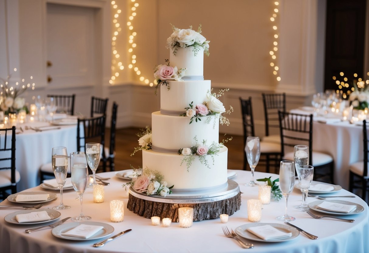 A three-tiered wedding cake adorned with delicate floral decorations sits on a pristine white table, surrounded by twinkling fairy lights and elegant place settings