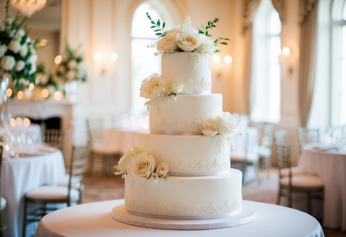 A three-tiered wedding cake adorned with delicate white flowers and intricate lace details, set against a backdrop of elegant wedding decor