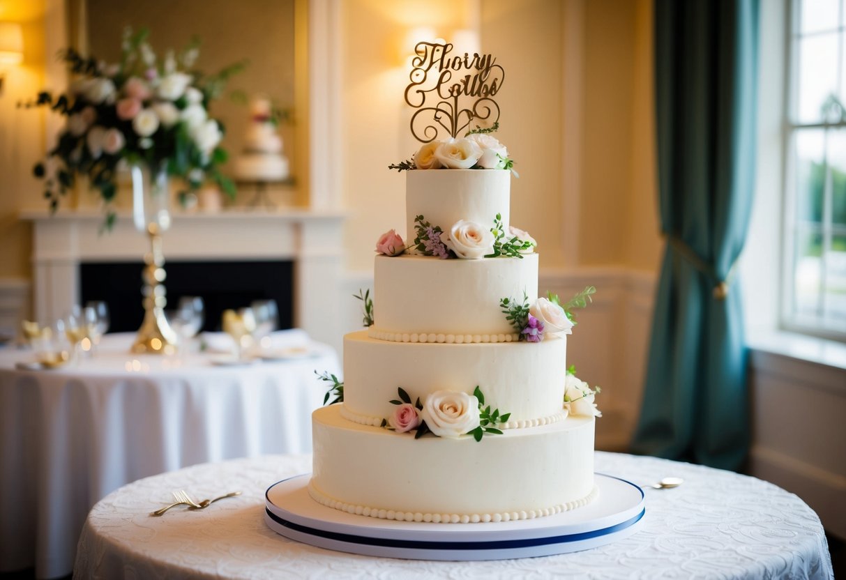 A tiered wedding cake with floral decorations, elegant piping, and a personalized cake topper sits on a beautifully decorated table