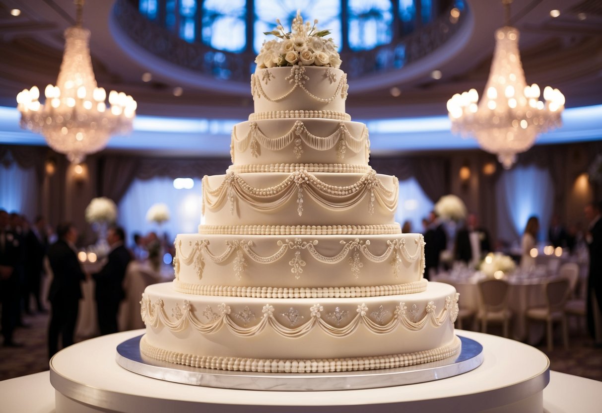 A grand wedding cake on display, adorned with intricate decorations and layers, symbolizing the opulence and elegance of Prince William's wedding