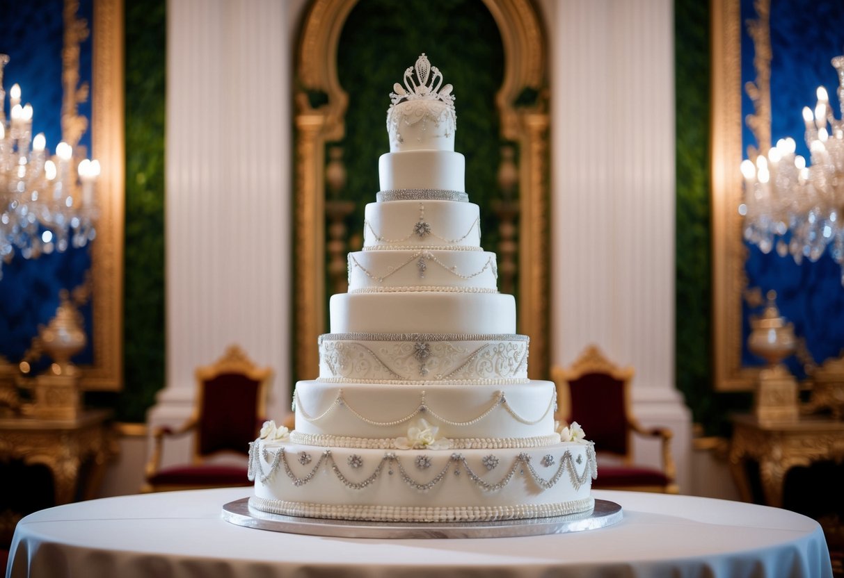 A grand wedding cake adorned with intricate details and luxurious decorations, set against a backdrop of opulent royal decor