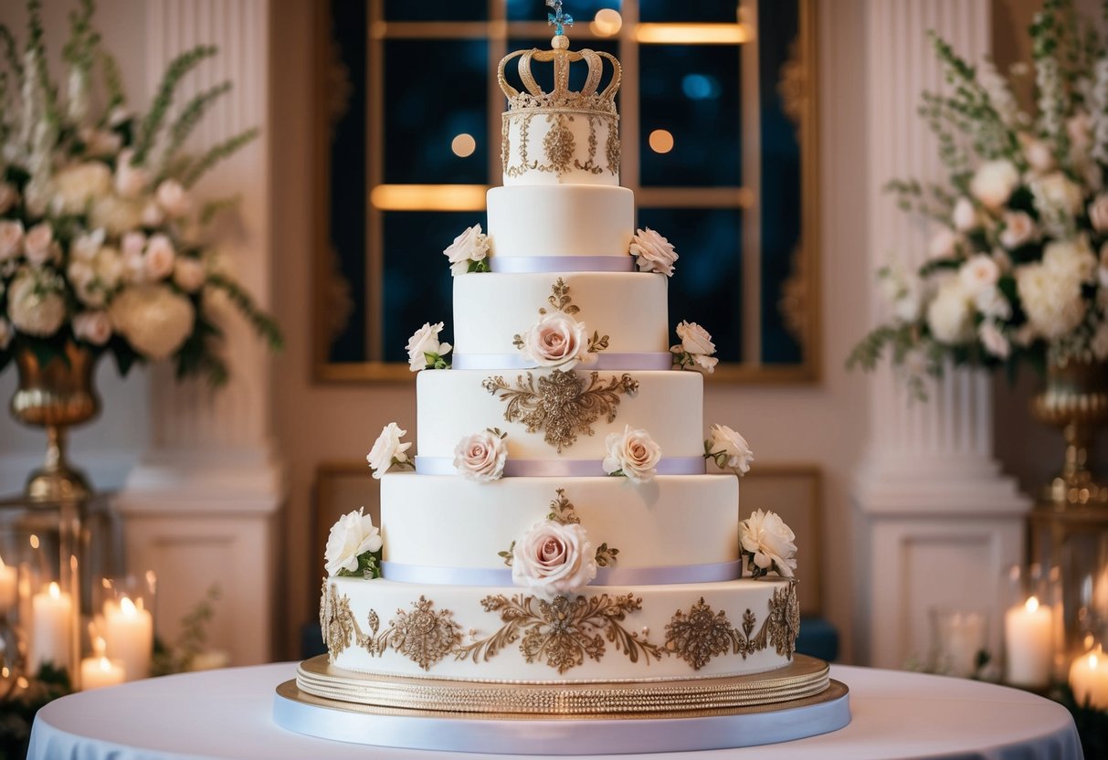 A grand, multi-tiered wedding cake adorned with intricate floral and royal motifs, exuding opulence and elegance