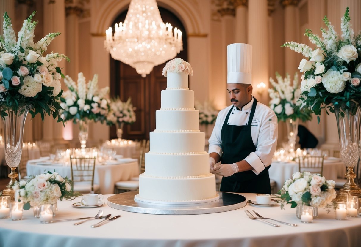 A grand, opulent ballroom filled with elegant floral arrangements and a towering, multi-tiered wedding cake being meticulously crafted by a skilled pastry chef