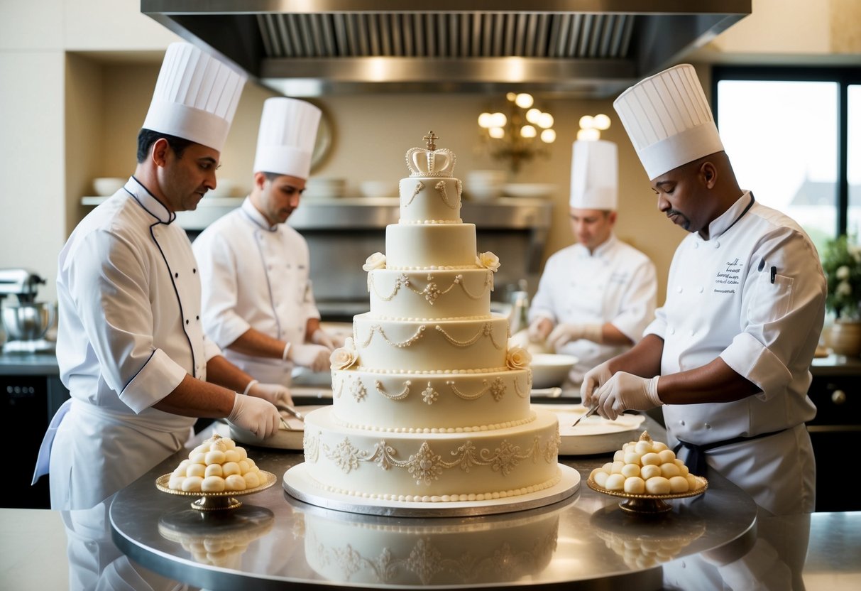A grand royal wedding cake being created in a lavish kitchen by skilled pastry chefs
