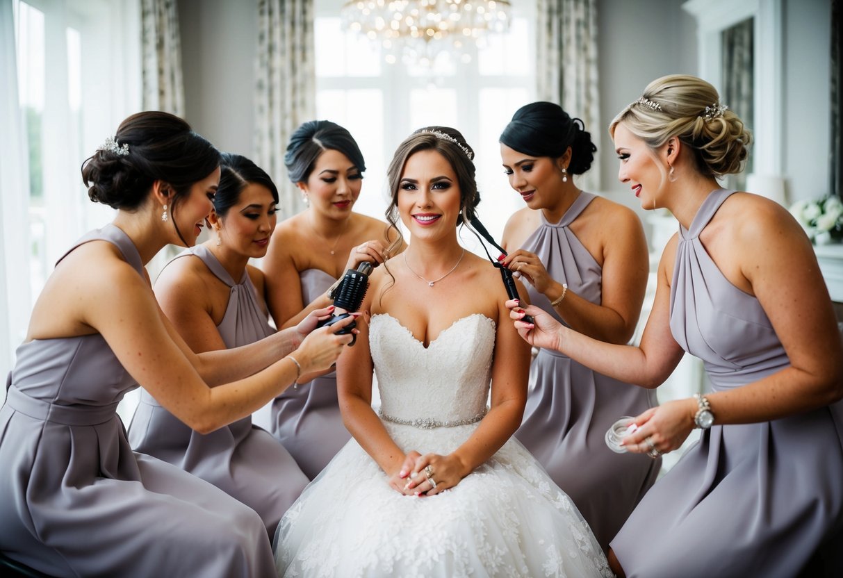 The bride sits surrounded by her bridesmaids, as they help her with hair and makeup for the wedding