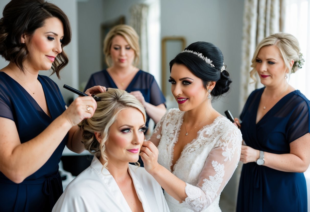 A hairstylist and makeup artist assist the bride in getting ready for her wedding morning, ensuring a stress-free and beautiful start to her special day