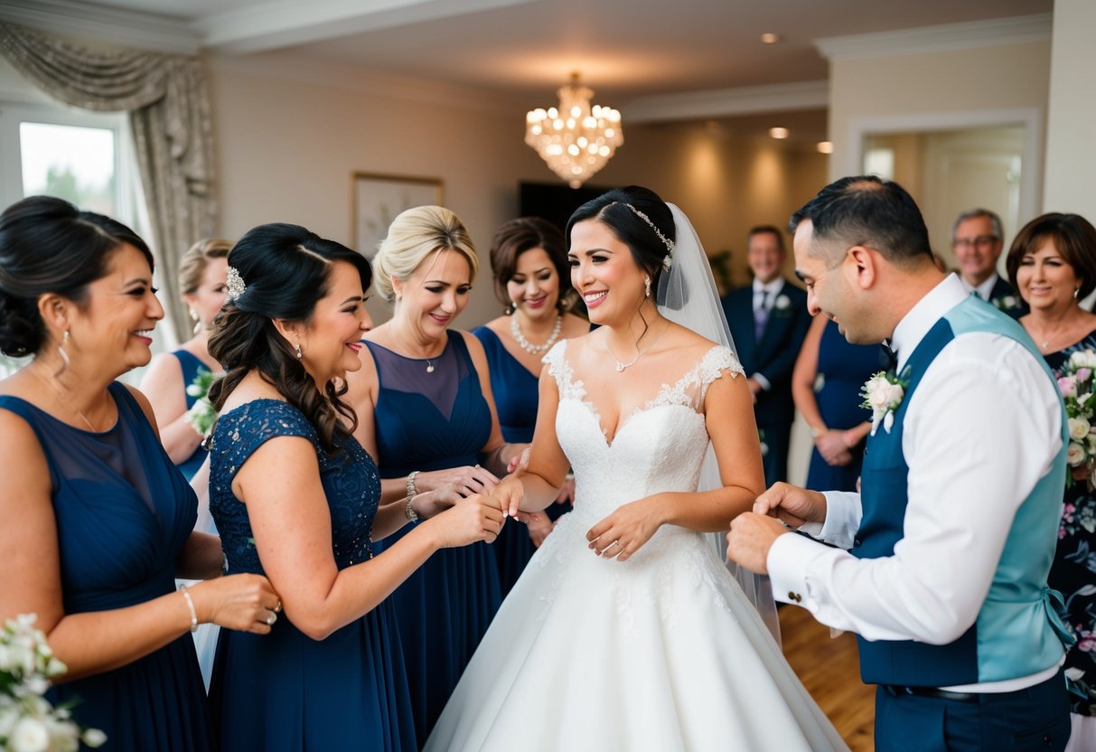 The bride's family gathers around her, helping with her gown and sharing emotional moments before the ceremony