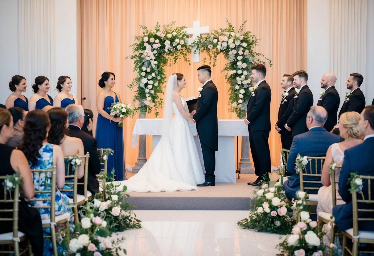 A wedding ceremony: altar with flowers, chairs for guests, bride and groom standing together, officiant at the front, and a beautiful backdrop