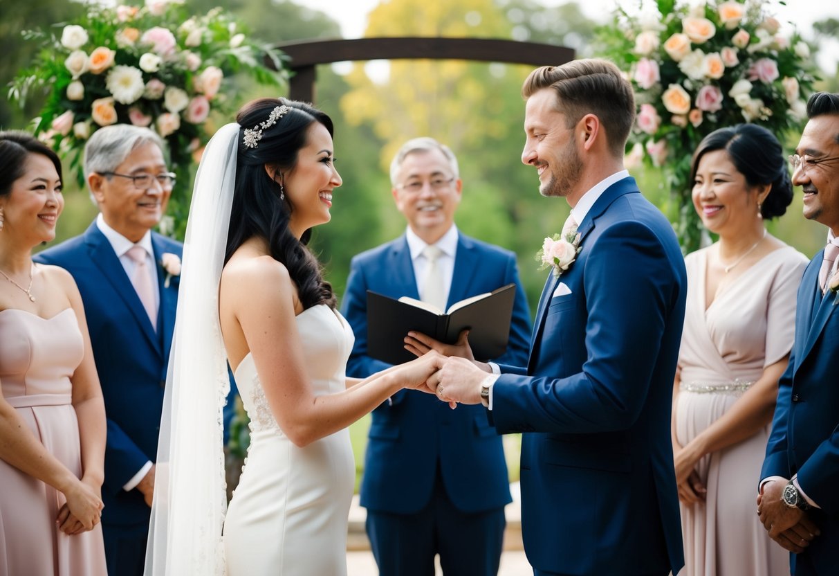 A bride and groom exchanging vows at an altar, surrounded by family and friends from different cultural backgrounds