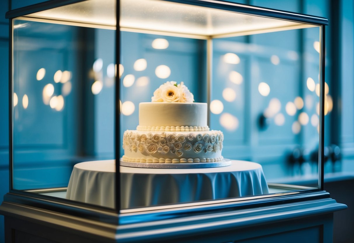 A wedding cake sits inside a glass display case with a layer of protective covering, surrounded by a cool, dimly lit room