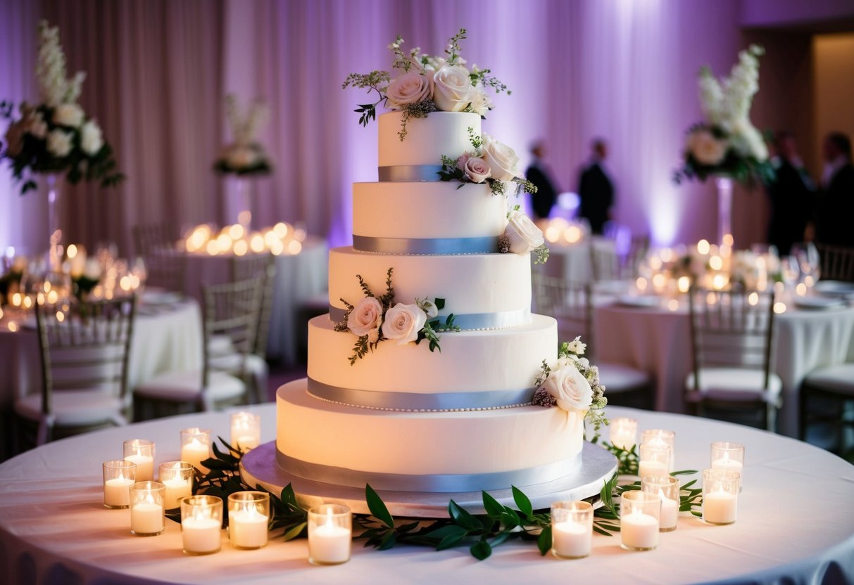A three-tiered wedding cake with delicate floral decorations, large enough to serve 75 guests, sits on a table adorned with elegant linens and surrounded by twinkling votive candles