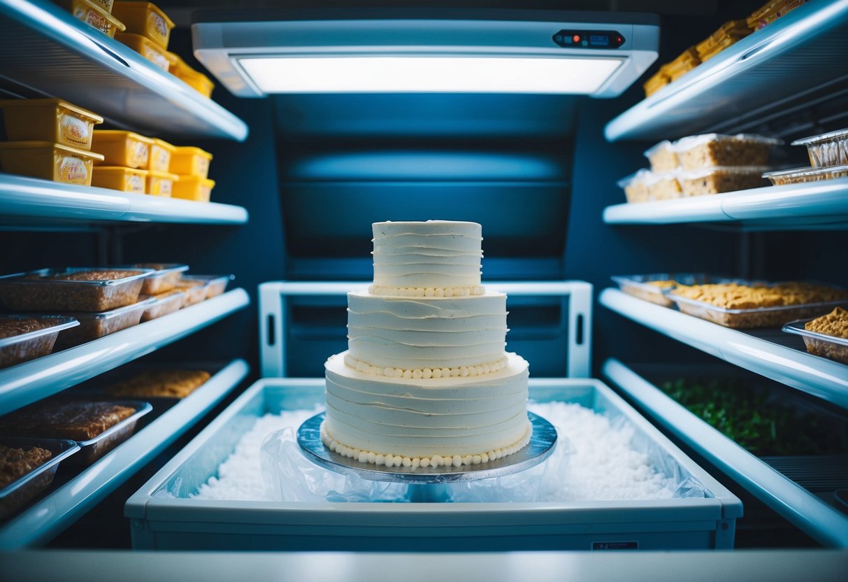 A wedding cake sits inside a large freezer, surrounded by shelves of frozen food. The cake is covered in a thick layer of plastic wrap to keep it fresh for the next year