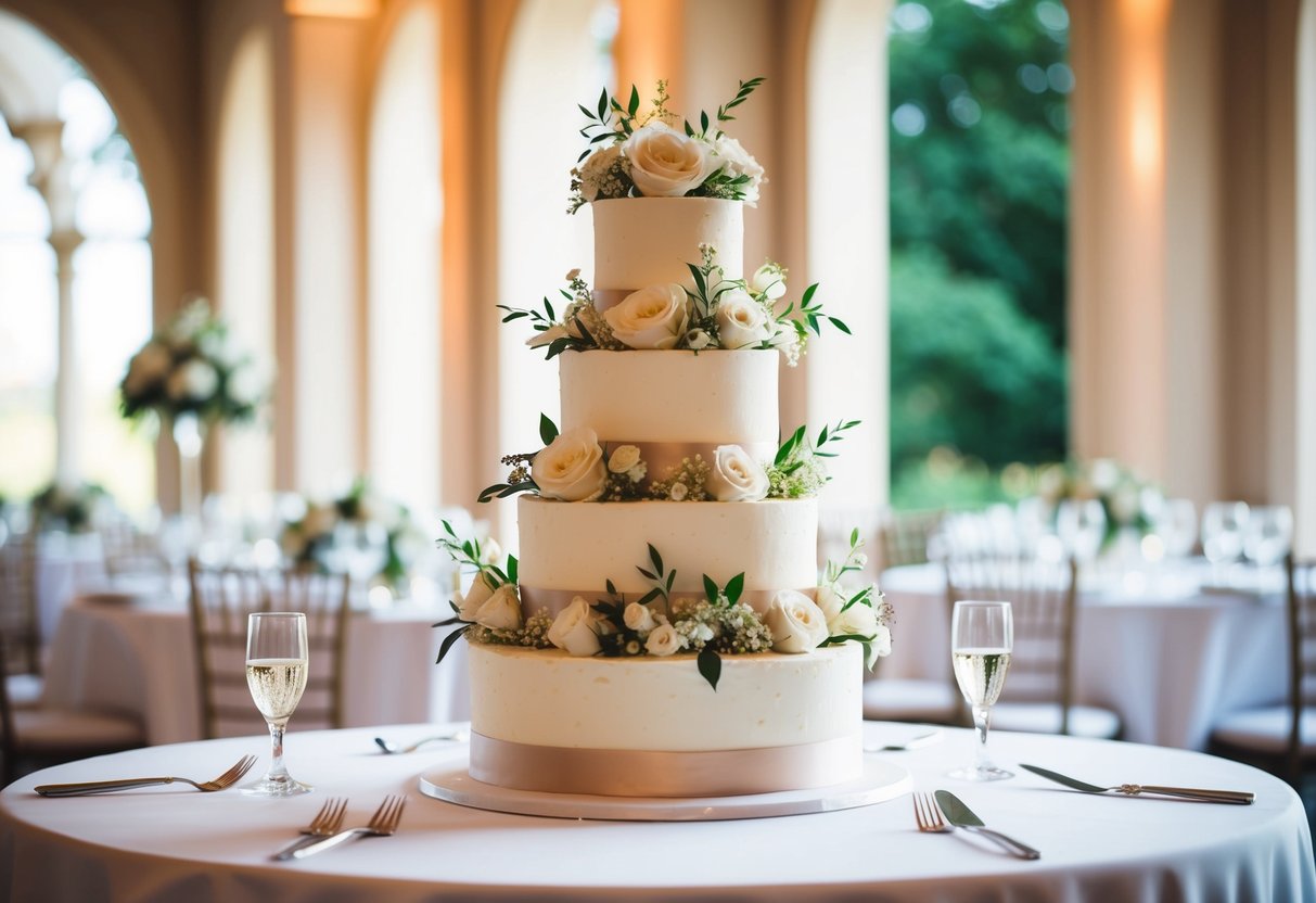 A three-tiered wedding cake with elegant floral decorations, suitable for 75 guests