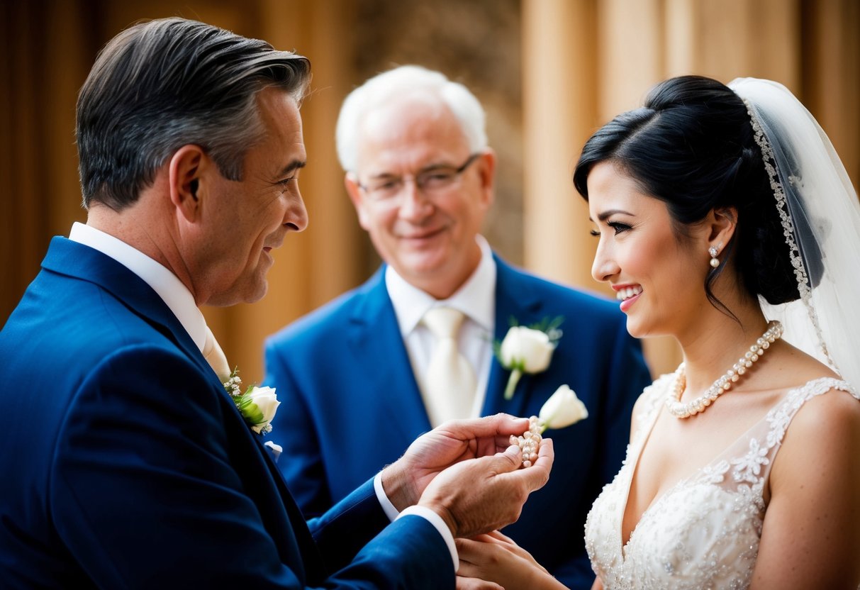 A father presents a delicate pearl necklace to his daughter on her wedding day