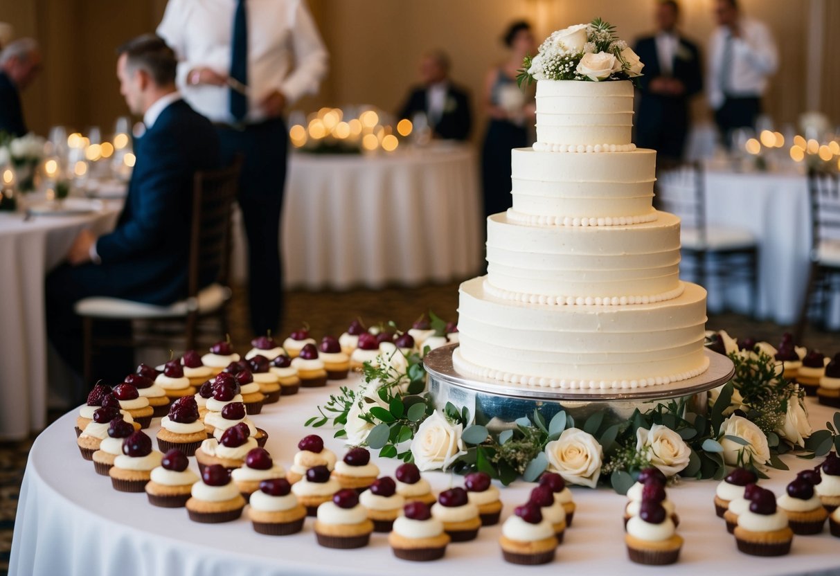 A tiered wedding cake surrounded by an assortment of smaller desserts, all elegantly displayed on a table for 75 guests