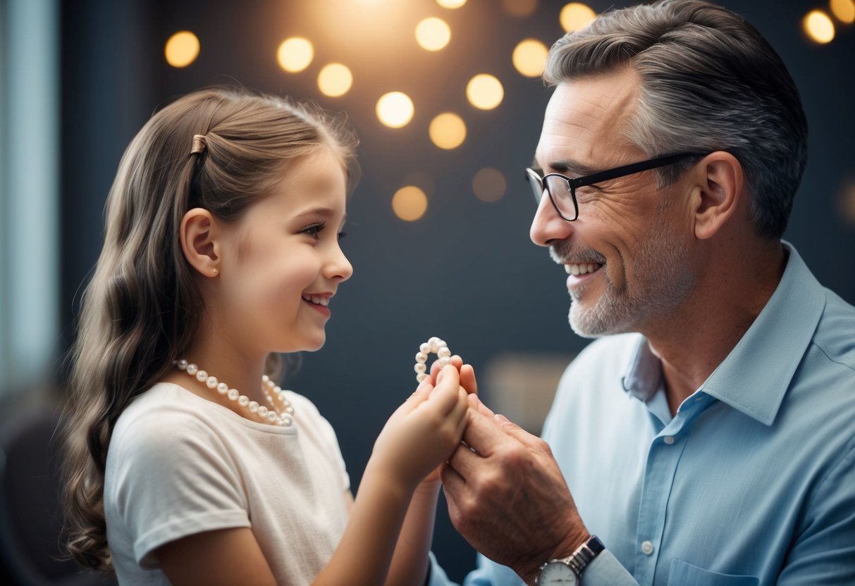 A father presents his daughter with a delicate pearl necklace, symbolizing their enduring love and the precious bond between them