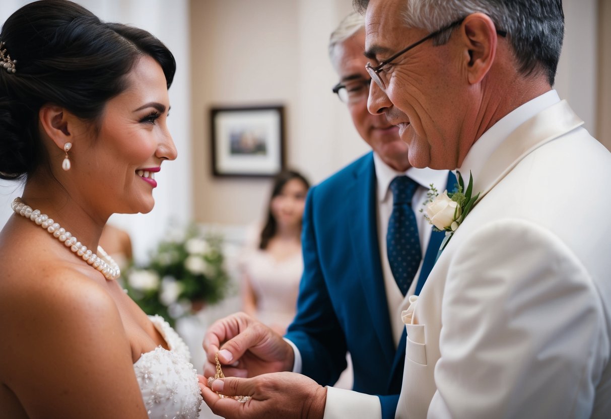 A father presenting a delicate pearl necklace to his daughter on her wedding day