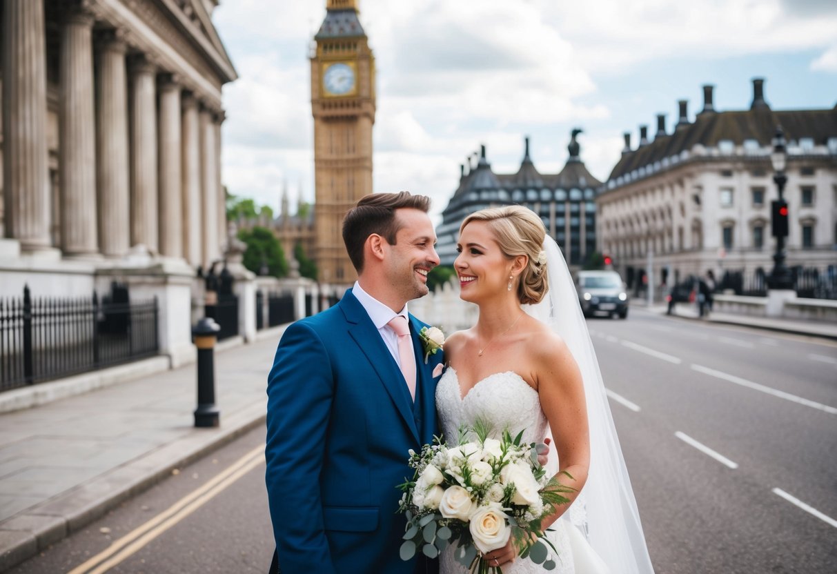 A bride and groom stand in front of a historic London landmark, smiling as a photographer captures their special moment