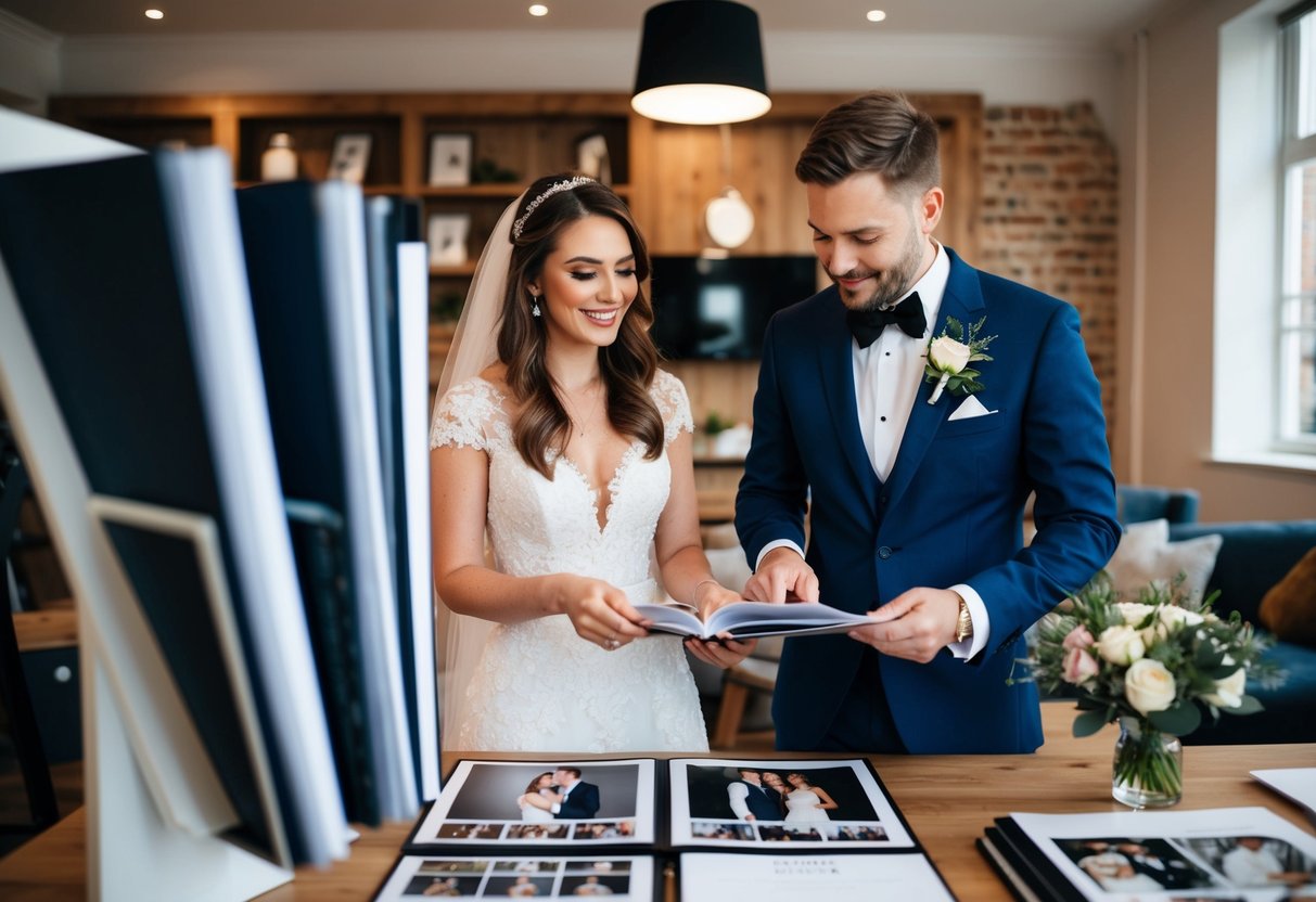 A bride and groom browsing through wedding photography portfolios in a cozy London studio