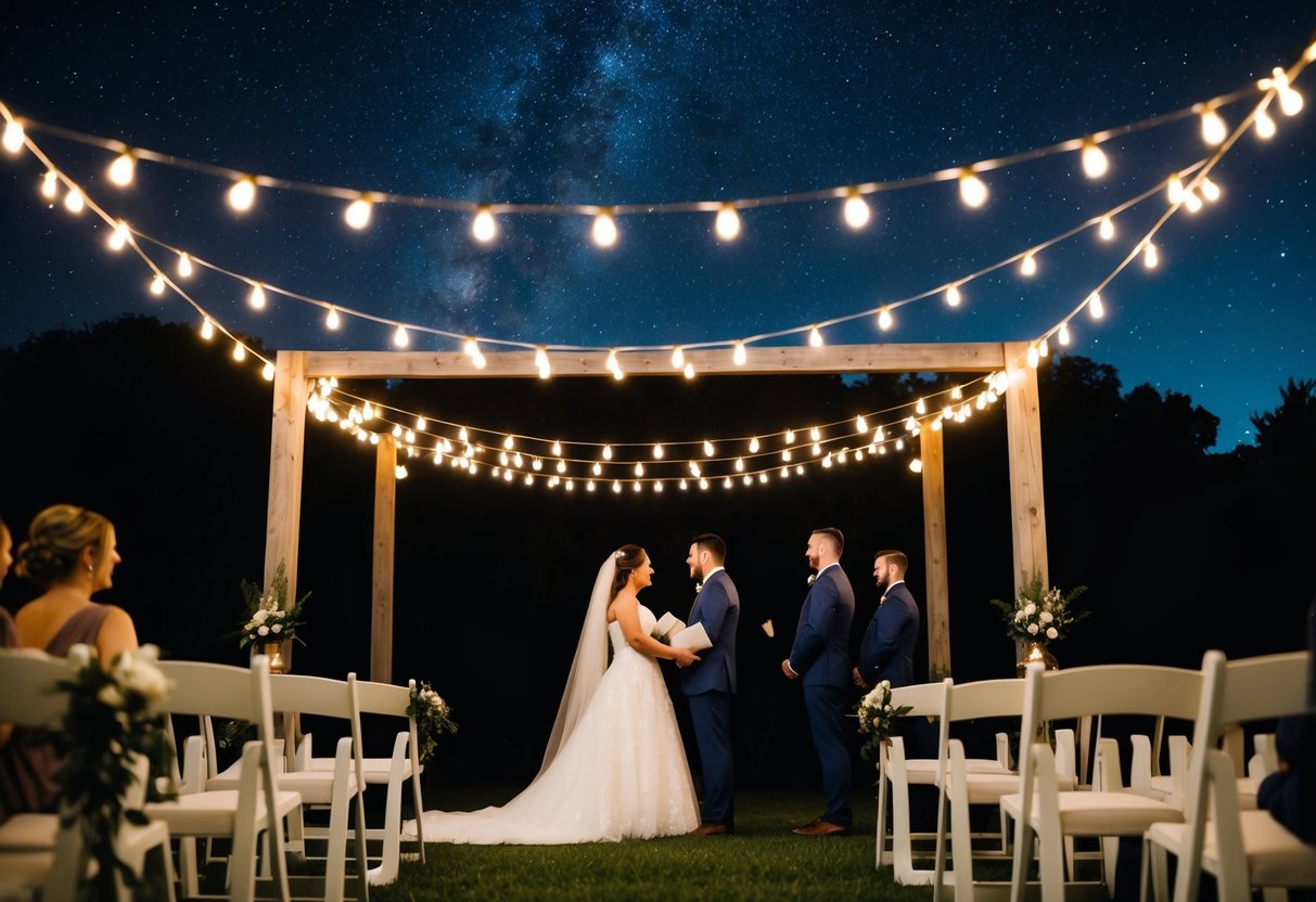 A dimly lit outdoor wedding ceremony under a starry night sky with twinkling fairy lights and a romantic ambiance