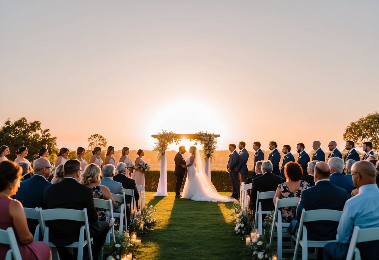 A sun setting behind a picturesque outdoor wedding venue, casting a warm glow over the ceremony area as guests begin to gather