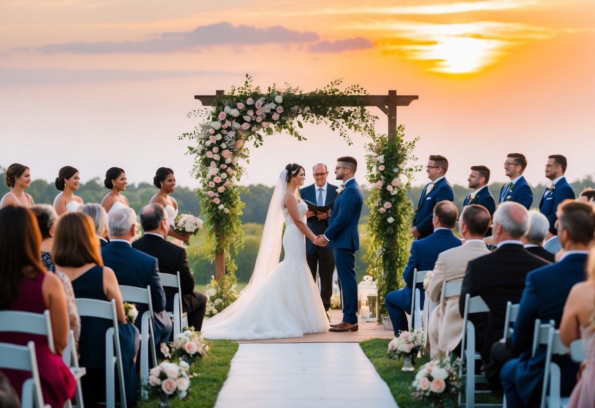 A picturesque outdoor wedding ceremony at sunset, with guests seated and the bride and groom standing beneath a flower-adorned arch