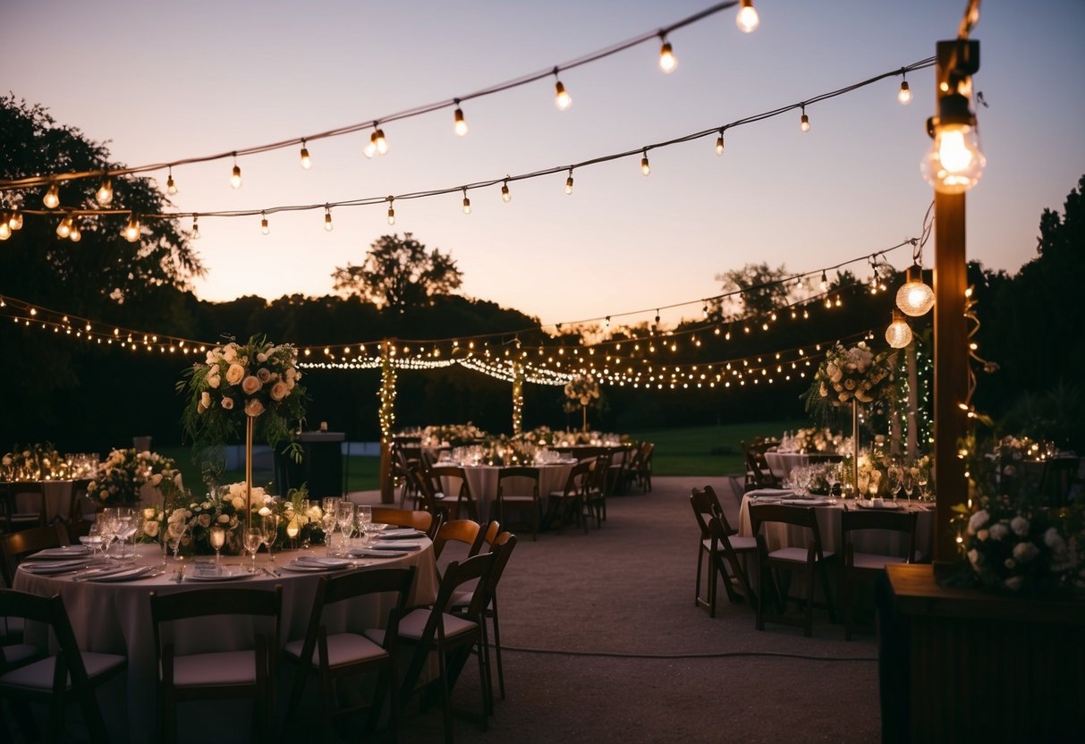 A dimly lit outdoor wedding venue at dusk, with string lights and floral decorations adorning the area. The setting sun casts a warm glow over the scene, creating a romantic and intimate atmosphere