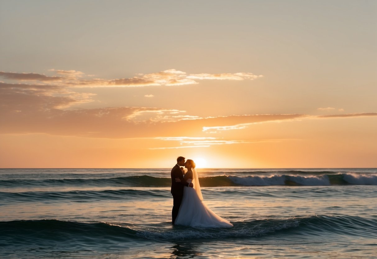 A sunset wedding by the ocean, with a golden sky and gentle waves, symbolizing luck and new beginnings