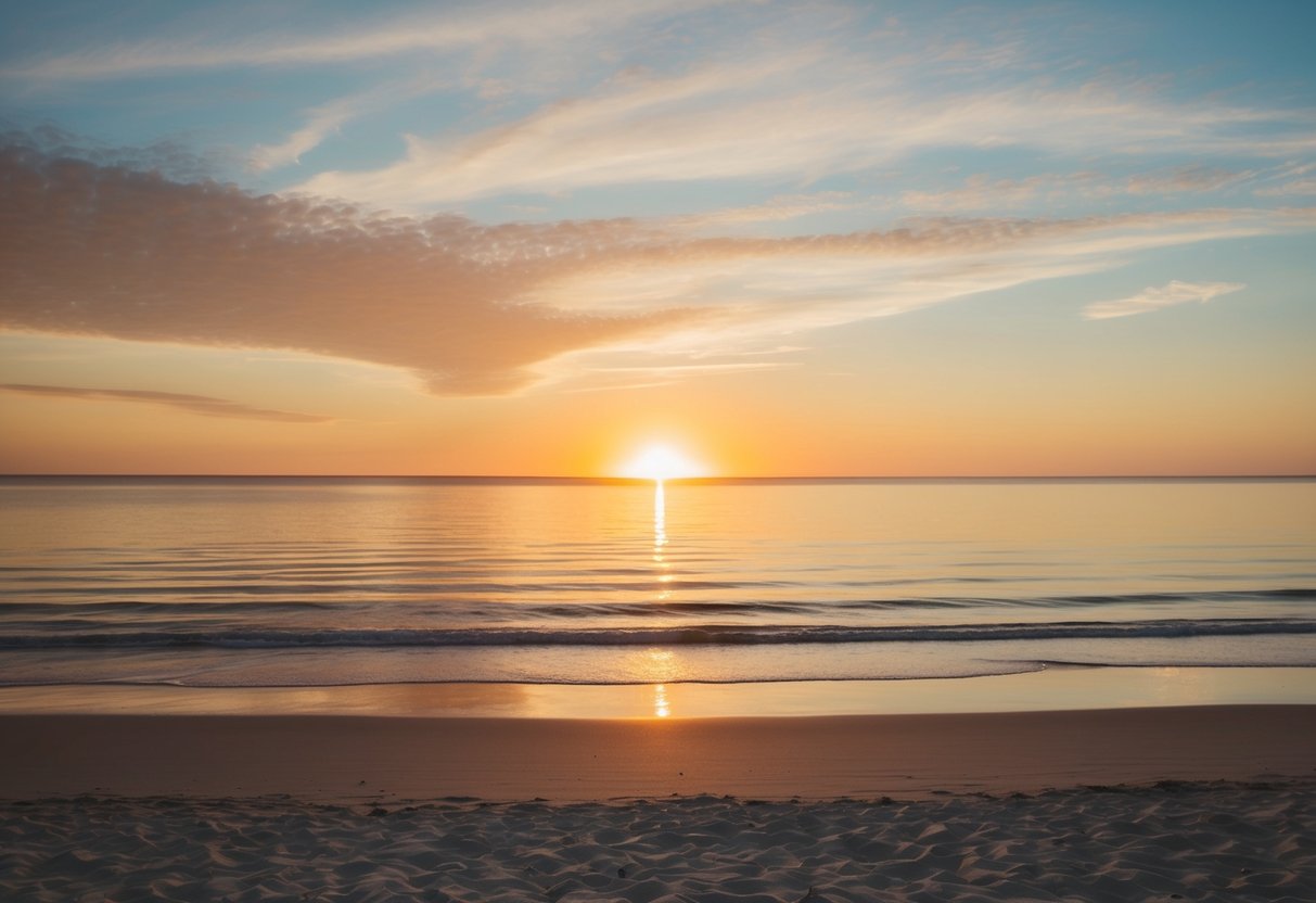 A sunrise over a tranquil beach, with the sun casting a warm glow on the horizon, symbolizing the auspicious time for a wedding ceremony