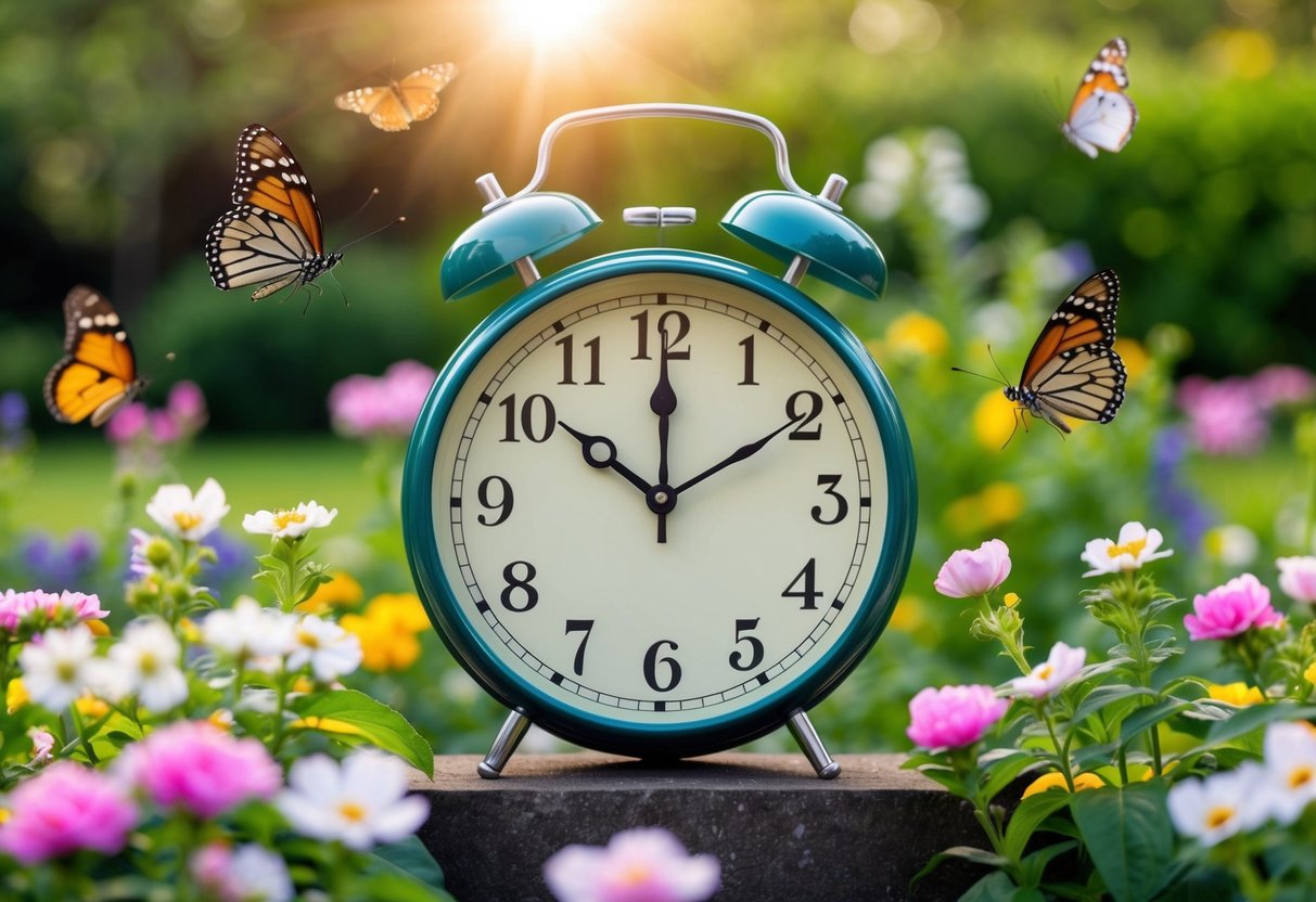A serene garden with a clock showing 11:11, surrounded by blooming flowers and fluttering butterflies