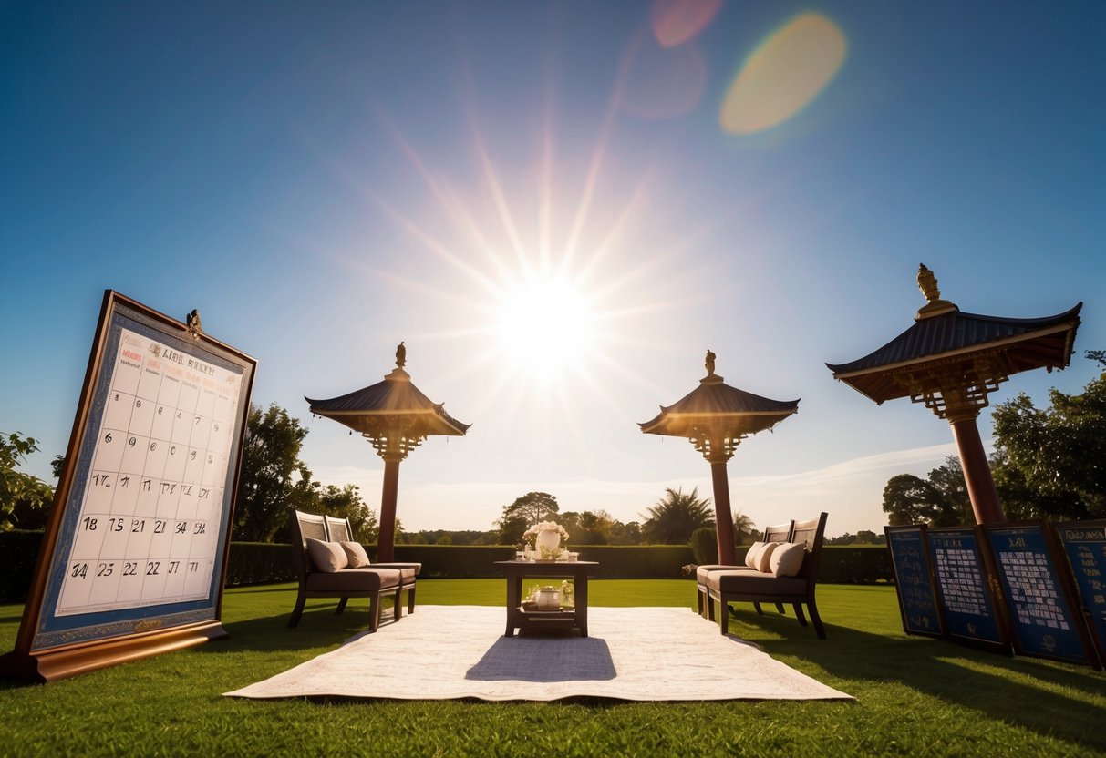 A bright sun shining down on a serene outdoor wedding setting, with a traditional calendar and cultural symbols surrounding the scene