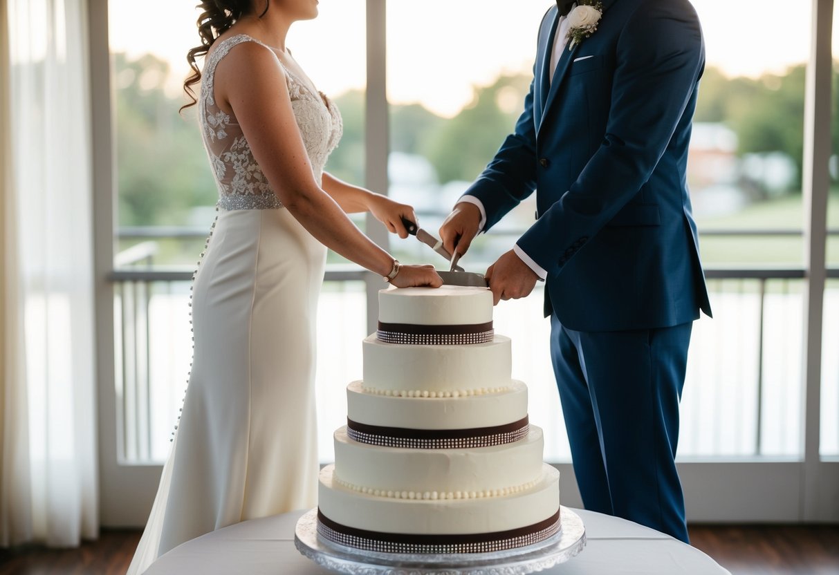 The bride and groom stand side by side, each holding a knife as they prepare to cut into the multi-tiered wedding cake