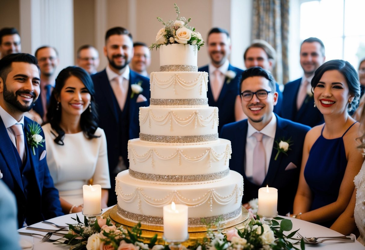 A tiered wedding cake with intricate decorations, surrounded by smiling guests and adorned with flowers and candles